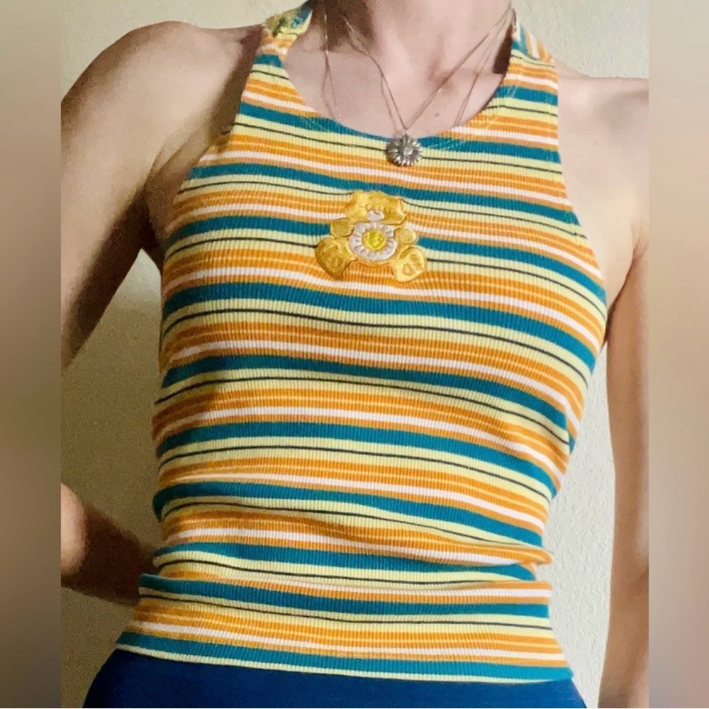 Care Bears Sunshine Bear Ribbed Cropped Tank Top Y2K Striped Size Small